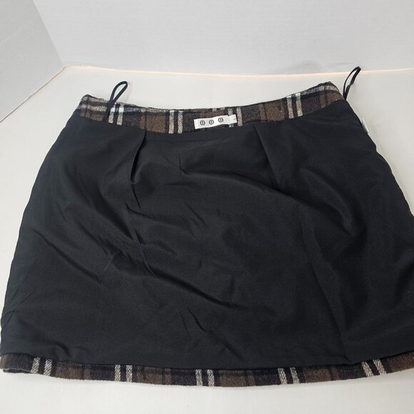 Women Plaid Mini Skirt Brown Black Wool Blend Autumn Size L Side Zip - Picture 6 of 11